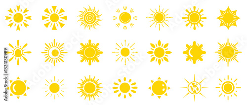 Hand-drawn summer sun doodles featuring smiling faces, sunbeams, png warm sunshine. Ideal for vacation designs, weather icons, png sunny holiday themes. Watercolor and sketchy graphic style.