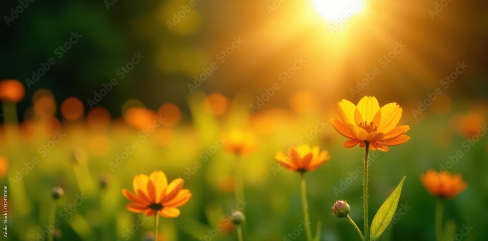Fototapeta premium Warm summer evening, vibrant orange and green tones, soft focus background, grass, green grass