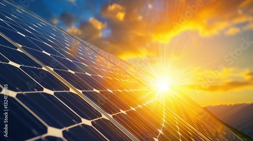 A glowing sunbeam directly hitting a solar panel, emphasizing sunlight energy