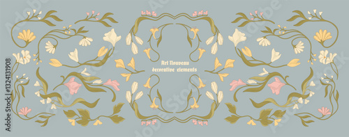 Art Nouveau floral frames, corners, and borders. Vector.