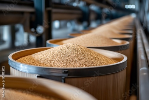 Wheat grains filling wooden containers in food processing plant photo