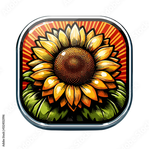 Stylized sunflower with vibrant petals and textured center in a bold design