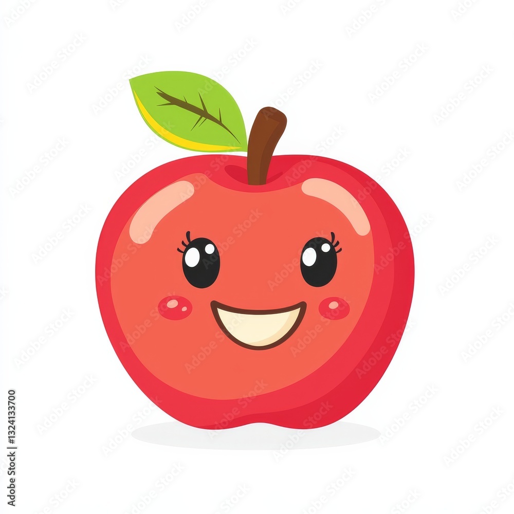 Obraz premium Cute cartoon apple with cheerful face and green leaf