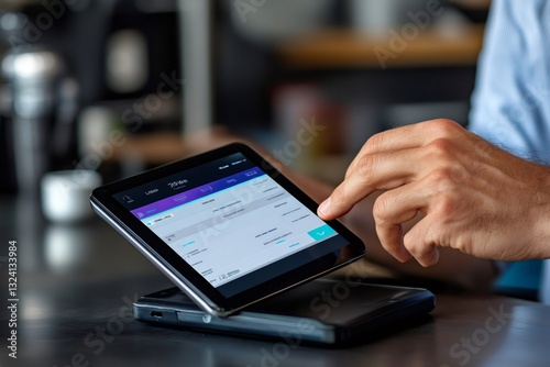 Businessman using digital tablet with point of sale system in cafe