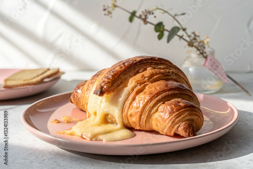 Freshly Baked Croissant with Melted Cheese on Artisan Plate Surrounded by Soft Natural Light and Simple Decorative Elements
