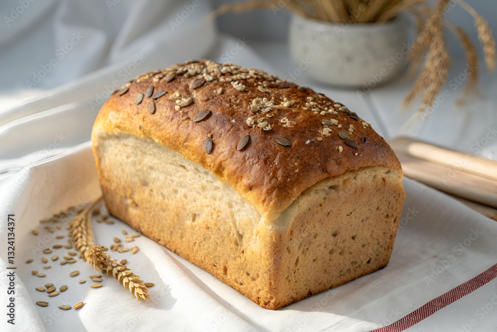 Freshly Baked Whole Grain Bread with Seeds on a Light Fabric Surface Surrounded by Natural Decor for Culinary and Lifestyle Photography Freshly Baked Whole Grain Bread with Seeds on a Light Fabric Surface Surrounded by Natural Decor for Culinary and Lifestyle Photography