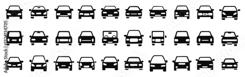 car icon set featuring automobile symbols, traffic signs, and vehicle silhouettes. Perfect for transportation, driving apps, automotive design, leasing, and travel illustrations. Vector illustration.