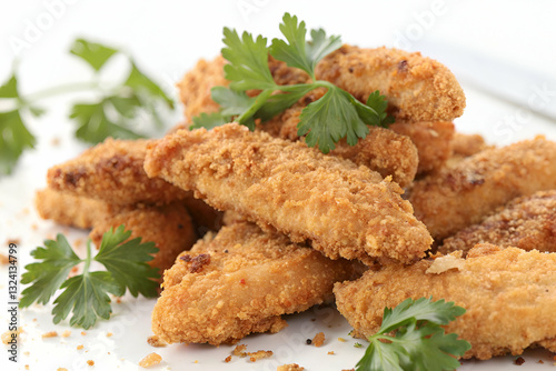 Crispy Golden Chicken Tenders Garnished with Fresh Green Herbs on a White Plate Ready to Serve for a Delicious Meal or Snack Option
