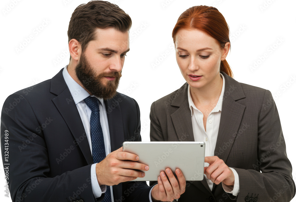 Business Colleagues Reviewing Digital Tablet Serious Focused Expressions Modern Office Attire Business Colleagues Reviewing Digital Tablet Serious Focused Expressions Modern Office Attire
