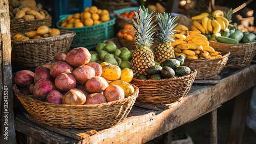 Rustic Dominican Market Stall – Fresh Pineapples, Avocados, Sweet Potatoes, and Passion Fruit in Woven Baskets for Farm-to-Table and Culinary Imagery