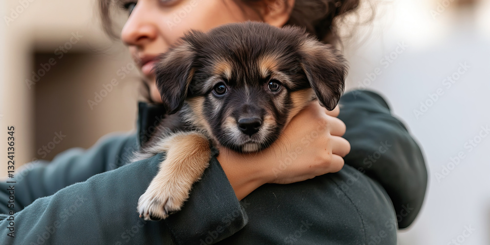 Obraz premium Woman Holding Small Brown and Tan Puppy