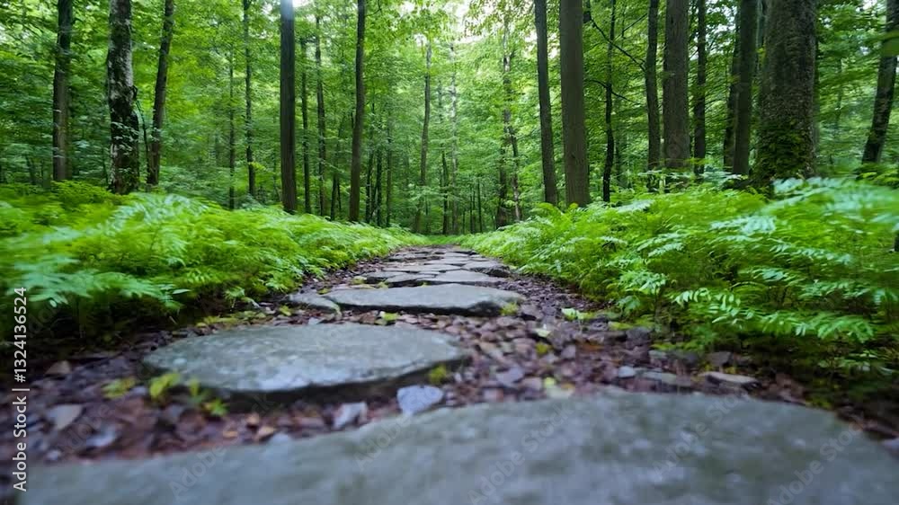 Serene forest pathway with stone steps surrounded by lush greenery and soft sunlight filtering through trees Serene forest pathway with stone steps surrounded by lush greenery and soft sunlight filtering through trees