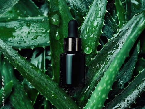 Luxurious dark cosmetic serum on fresh aloe vera leaves for skincare