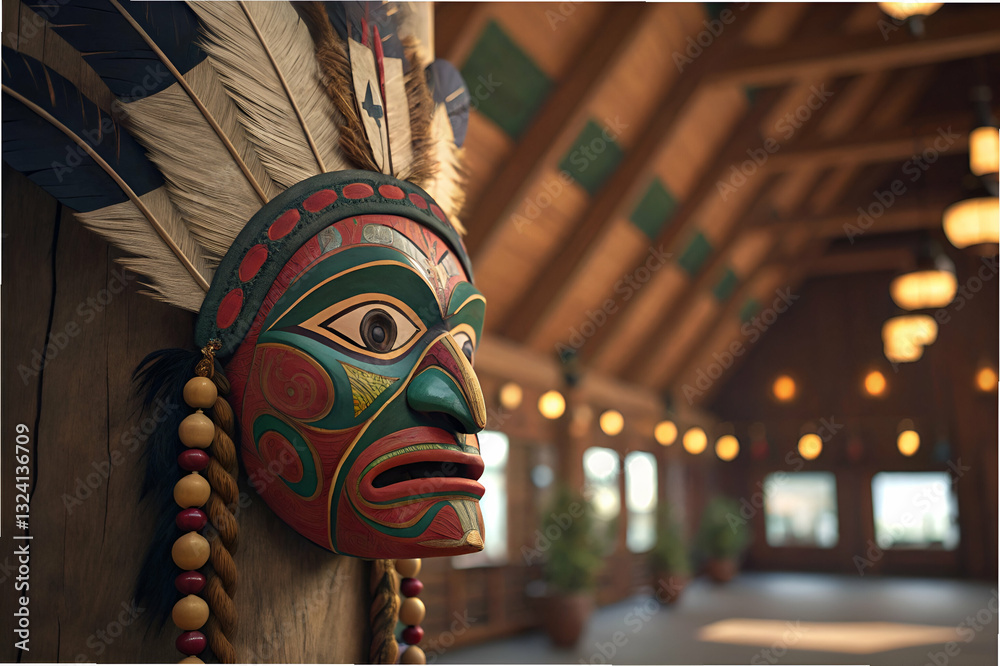 Vibrant Indigenous Wooden Mask with Intricate Designs Hanging on a Wall in a Rustic Interior Featuring Wooden Beams and Warm Lighting