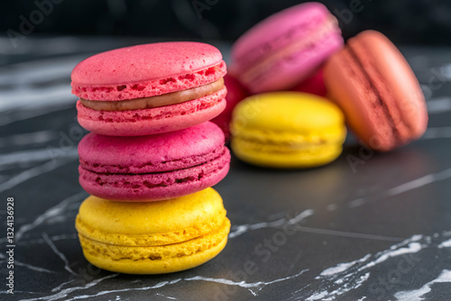 Colorful Macarons Stacked on a Black and White Marble Background, Artistic Dessert Arrangement with Pink, Yellow, and Orange Treats