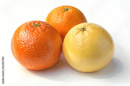 Fresh Citrus Fruits on White Background Featuring Oranges and a Grapefruit with Vibrant Colors and Texture for Healthy Food and Nutrition Themes