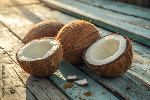 Obraz na płótnie Freshly Cut Coconuts on Rustic Wooden Surface with Natural Light Highlighting Their Texture and Inner White Flesh in a Warm Environment w salonie