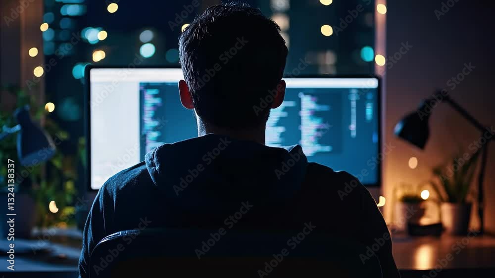 Mysterious Programmer in a Dark Room Working Late at Night on Cybersecurity and Coding, Illuminated by Computer Screens with Lines of Code