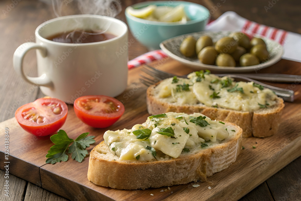 Delightful Breakfast Table with Slices of Bread Topped with Creamy Spread, Fresh Vegetables, Olives and Herbal Tea on Rustic Wooden Surface Delightful Breakfast Table with Slices of Bread Topped with Creamy Spread, Fresh Vegetables, Olives and Herbal Tea on Rustic Wooden Surface