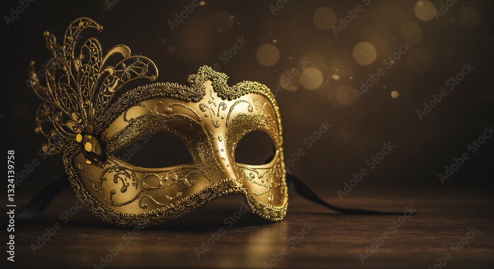 Naklejka premium Elegant Gold Venetian Mask Warm Light. AI Generated