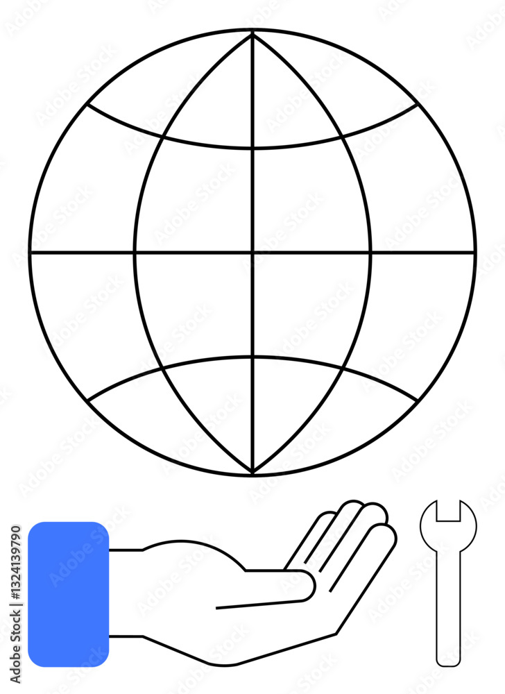 Outlined globe above blue-sleeved hand and wrench representing global unity, service, innovation, and problem-solving. Ideal for collaboration, sustainability, care, technology, teamwork service Outlined globe above blue-sleeved hand and wrench representing global unity, service, innovation, and problem-solving. Ideal for collaboration, sustainability, care, technology, teamwork service