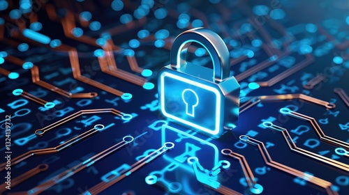 Illustration of a glowing security lock within a technology network system, symbolizing digital protection and secure connections. Concept of advanced cybersecurity and data safeguarding in modern net
