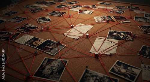 Mysterious clues subtly connect on corkboard. AI Generated