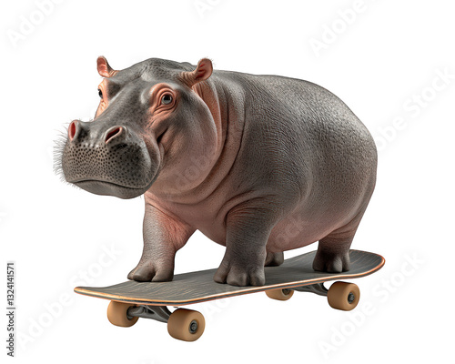 hippo trying to balance on skateboard, showcasing its clumsy yet amusing nature. This playful scene captures essence of fun and lightheartedness