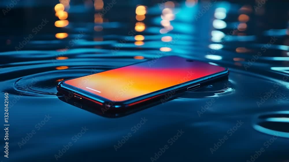 A smartphone resting on water, reflecting colorful lights in a serene environment. A smartphone resting on water, reflecting colorful lights in a serene environment.