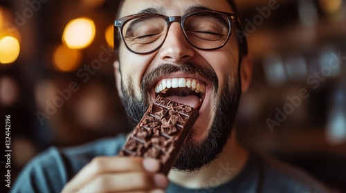 Indulge in Delicious Chocolate: A Close-Up Portrait of Pure Joy, Sweetness, and Satisfying Delight of a Man Enjoying a Treat with a Happy Expression