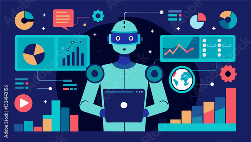 Powerful artificial intelligence software autonomously sifting through mountains of data to identify patterns and trends revealing valuable information for businesses and. Vector illustration