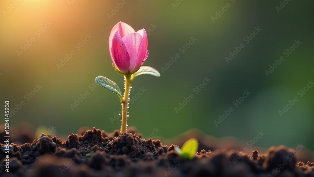 Obraz premium A Delicate Pink Blossom Emerging from Rich Earth at Dawn