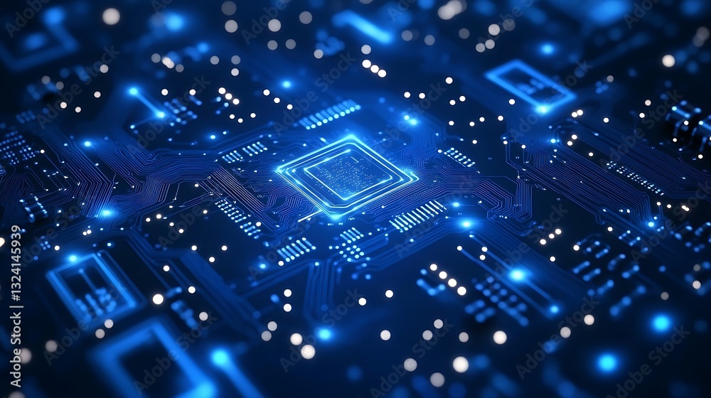 Obraz premium Glowing CPU, Circuit Board, Tech, Data, Background