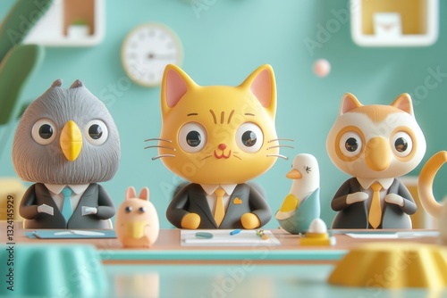 Adorable cartoon animals in suits attend a business meeting, showcasing teamwork and professionalism.