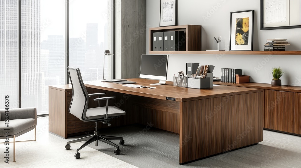 A clean, modern desk is set up and ready to go, with plenty of room to work and all the necessary office supplies.
A clean, modern desk is set up and ready to go, with plenty of room to work and all the necessary office supplies.