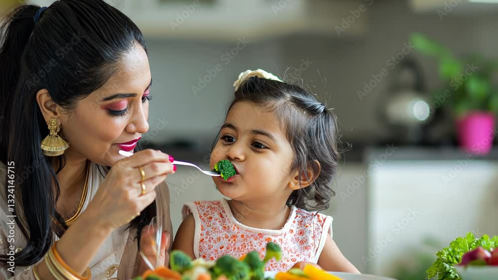 A loving Indian mother feeding her young daughter a bite of fresh vegetables in a home kitchen. Family bonding, health, nutrition and a balanced diet
