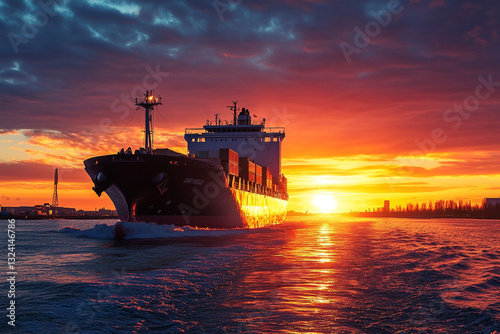 Cargo transportation by ship at sunset photo