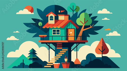 An artistically designed treehouse retreat where inspiration truly knows no bounds.. Vector illustration