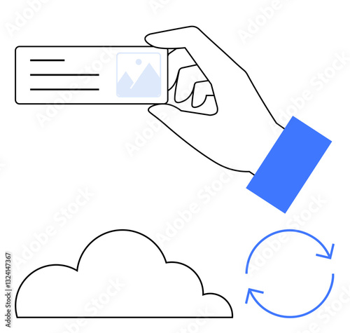 Hand holding an ID card next to a cloud and a circular sync icon. Represents concepts thumbs up identity, cloud storage, uploading, data synchronization, and online security. Ideal for technology