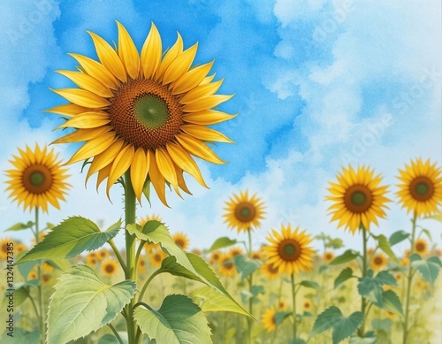 Close up of beautiful watercolor of sunflower in flowers field with blue sky texture on background.