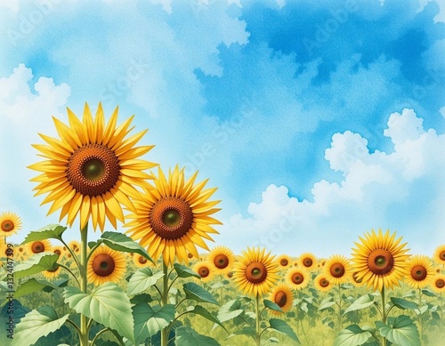Watercolor painted of sunflowers field and beautiful blue sky with some clouds.
