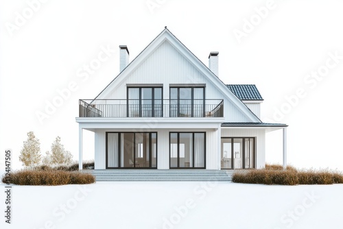 Modern white house with large windows and elegant balcony surrounded by snowy landscape isolated on transparent background