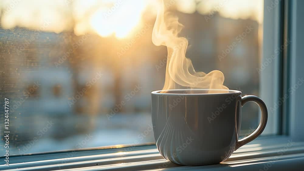 A steaming cup of coffee placed on a windowsill with golden morning sunlight filtering through the glass. Warmth, relaxation and the start of a new day in the morning