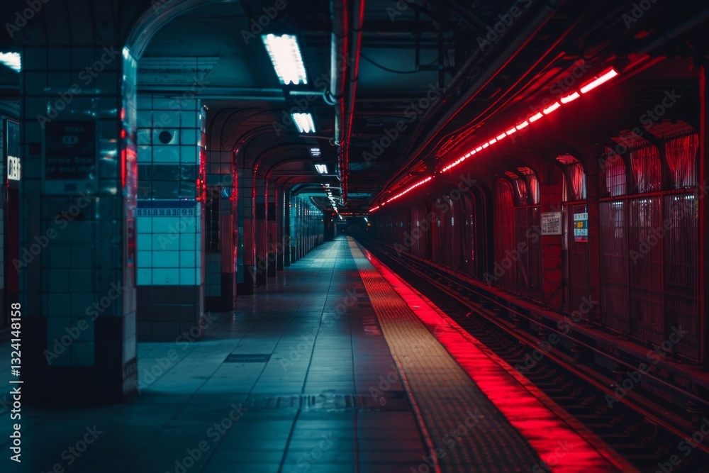 Fototapeta premium Empty Subway Station Platform Metro underground interior with dark light. Neural network ai generated