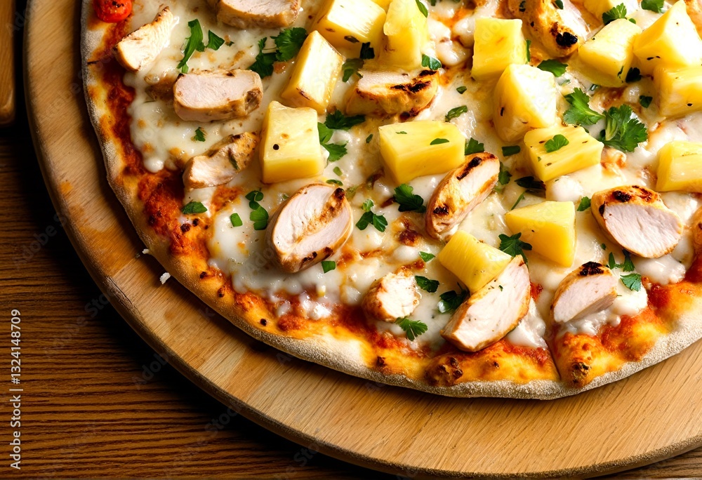 A pizza topped with chicken and pineapple on a wooden cutting board. A pizza topped with chicken and pineapple on a wooden cutting board.