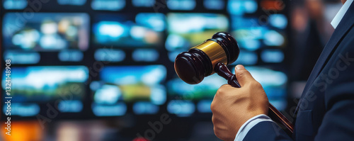 Land Auction, Auctioneer holding wooden gavel in front of digital display, showcasing items for bidding
