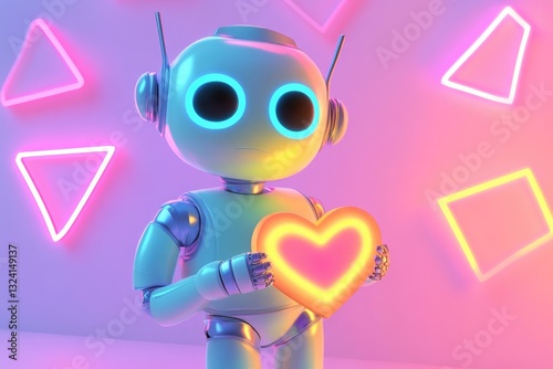 A cute robot in a neon-lit room holds a glowing heart, expressing love and affection.