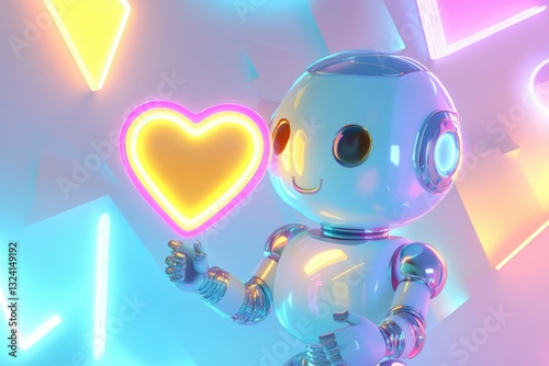 A cute robot in a vibrant neon-lit setting gently holds a glowing heart.