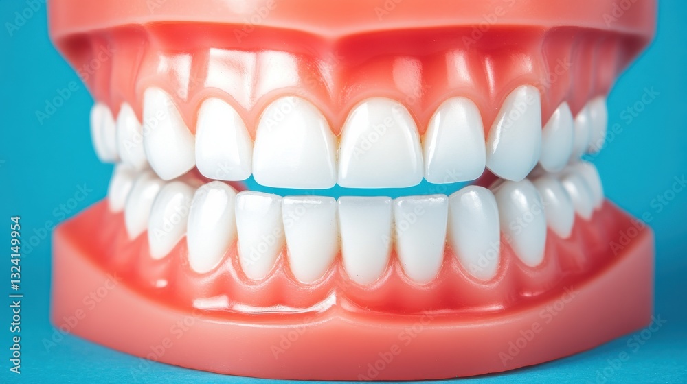 A vibrant dental model showcasing a set of pristine white teeth against a bright blue background. A vibrant dental model showcasing a set of pristine white teeth against a bright blue background.
