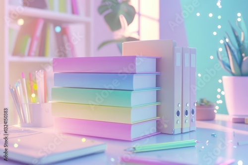 Pastel-colored books and binders on a desk, creating a calming, organized study space.